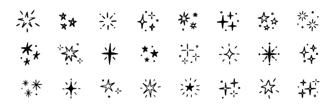 Hand drawn star spark doodle element icon set. Star shape twinkle glitter spark shine crayon grunge brush line icons. Hand drawn sketch doodle style. Light decoration background vector illustration