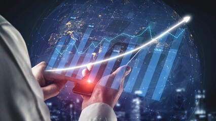 A businessman interacts with a smartphone, showcasing financial growth indicators and global data analysis, representing the digital transformation in the finance industry. Copula
