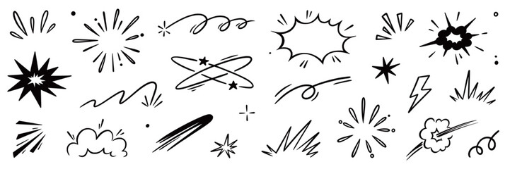 Comic cartoon line explosive effect, speed burst motion element set. Comic boom burst, explosive smoke, line speed cartoon element icon. Hand drawn sketch action boom effect. Vector illustration © Polina Tomtosova