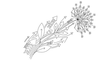 A dynamic conceptual illustration showcasing the intricate flow of information and growth from various digital channels towards a central interconnected network.