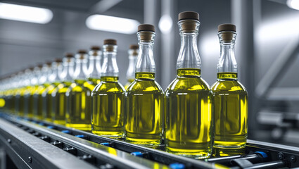 Olive oil bottles on a production line in a modern factory setting