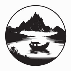 Tranquil Lake Scene with Boat and Mountains Silhouette Vector