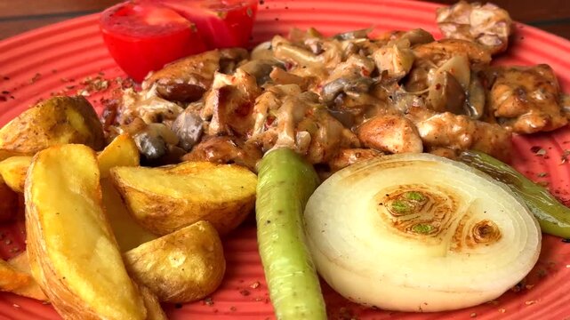 A vibrant plate featuring chicken and mushroom stroganoff served with golden potato wedges, a thick onion slice, a green chili, and a fresh tomato wedge.