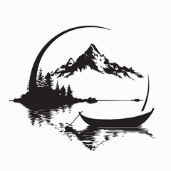 Peaceful Wooden Boat on Lake with Mountains and Trees Vector