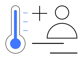 Thermometer with blue fluid and human figure outline with simple lines. Ideal for health, medical analysis, environment, personal wellbeing, temperature tracking, climate, minimalistic flat metaphor