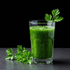 A vibrant green parsley beverage in a clear glass, highlighting freshness and healthy living. Natural ingredients for a wholesome drink ,juice ,green ,nature