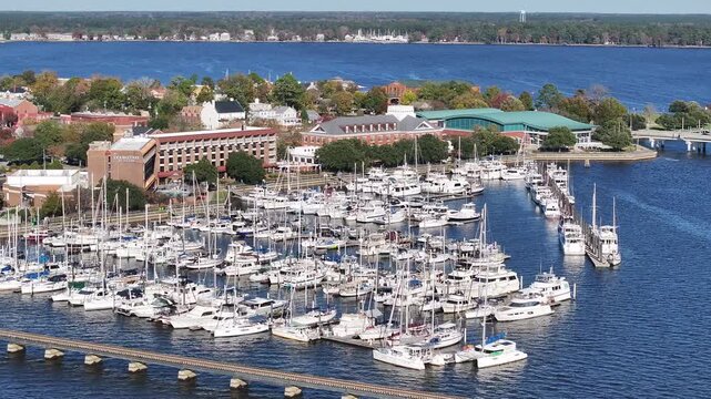 Drone shot the Downtown New Bern NC Waterfront area, with boats the marina