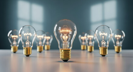 Light bulb glass electricity innovation idea glowing filament energy technology inspiration—Glowing light bulbs with visible filaments symbolize innovation and inspiration arranged reflective