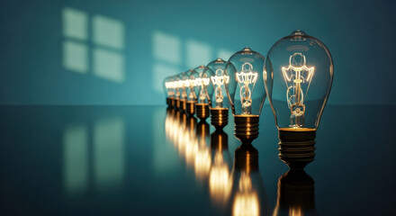 Row of clear glass light bulbs with glowing filaments on reflective surface, blue background, window shadow, creative innovation concept, warm lighting, modern interior design