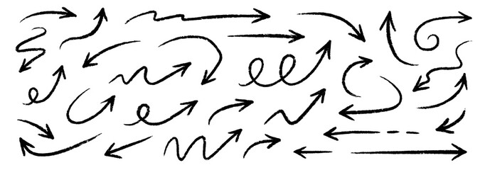 Arrow crayon pastel pencil chalk color line stroke. Sketch chalk pastel color pencil texture line kid fun arrow icon. Hand drawn grunge crayon pencil brush direction elements. Vector illustration