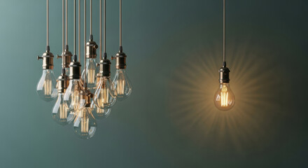 Hanging light bulb glowing filament modern lighting creative concept energy innovation inspiration interior minimal blue background. single illuminated bulb stands out from group symbolizing