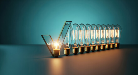 Creative concept with row of vintage light bulbs, one shaped as check mark and glowing brightly, symbolizing innovation, success, and bright ideas in modern setting