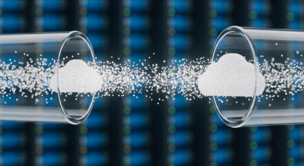 Cloud data transfer concept in a futuristic digital environment, with glowing particles conveying information and connectivity. 