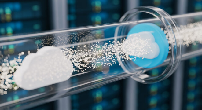 Cloud computing concept with data flowing through a transparent tube, visually representing the seamless transfer and processing of information within the cloud. 