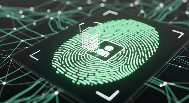 Intricate digital fingerprint security, symbolizing advanced technology and data protection, is illuminated by an ethereal glow against a futuristic background.