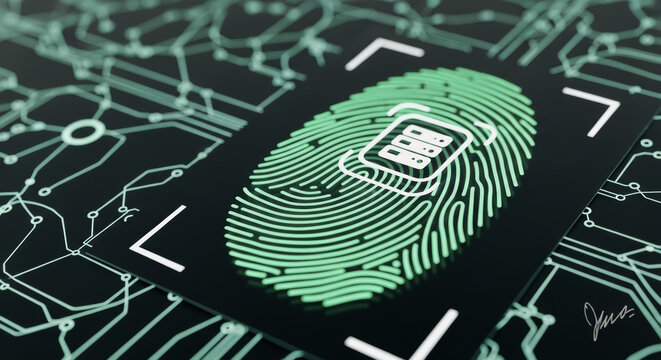 A high-tech digital fingerprint security system with biometric technology and an advanced microchip, representing data protection.