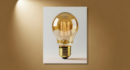 Light bulb filament glass gold metallic modern minimal wall art decor glowing creative energy design vertical interior object isolated bright idea
