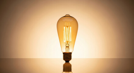 Vintage light bulb glowing filament warm illumination glass retro style electricity energy reflection amber color minimalistic design creative inspiration