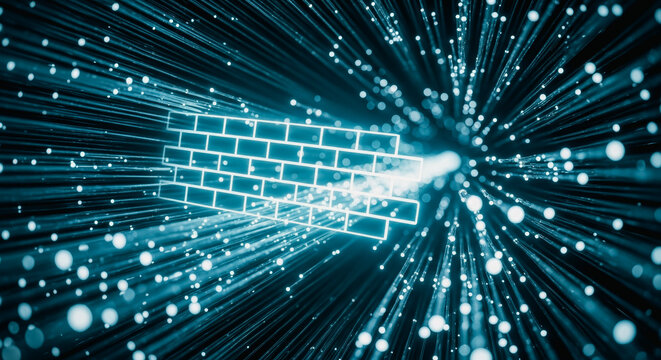 A digital representation of a firewall, symbolizing network security and data protection. Featuring a glowing brick wall, surrounded by data streams. - Powered by Adobe