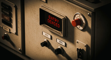 An illuminated control panel displays Entry Denied, with a red button, creating a sense of tension and restriction.