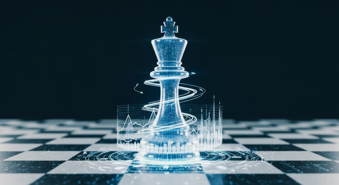 A glowing holographic chess king stands poised atop a chessboard, its form subtly illuminated against a dark background, evoking strategy and intellect.