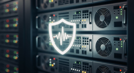 A digital shield of data security, a symbol of advanced technological protection, superimposed over a server array. Capturing the essence of secure information management.
