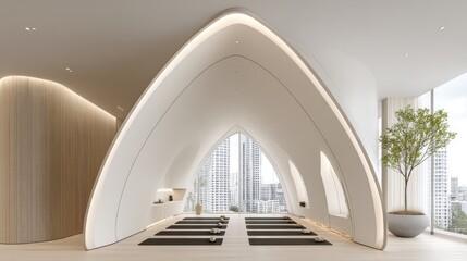 Fototapeta premium Urban yoga studio with arched windows facing the city skyline, soft lighting on wooden floor, 3D render