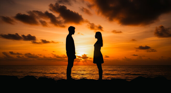 Silhouette of a couple standing on the shore, bathed in the warm, fiery hues of the sunset, a moment of intimacy and romance. - Powered by Adobe