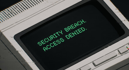 A stark image of a retro computer monitor displaying the urgent message SECURITY BREACH. ACCESS DENIED,. Capturing the tension of data security and cybersecurity threats in the digital age.