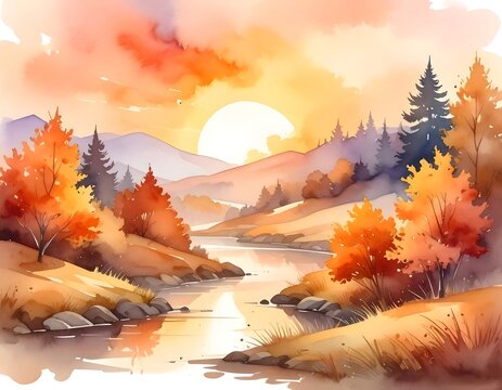 A vibrant watercolor landscape of a river meandering through rolling hills and forests at sunset. The sky is ablaze with warm colors - Powered by Adobe