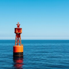 A vibrant maritime buoy floats steadfastly on the vast, deep blue ocean, marking a safe passage point under clear skies ,summer ,weather ,nature