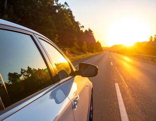 A white car cruises along a highway during a radiant sunset. The side profile, reflecting trees, shows motion