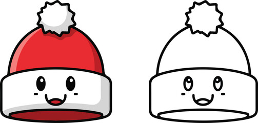 Cute cartoon Santa hat character illustration with black and white coloring page outline.