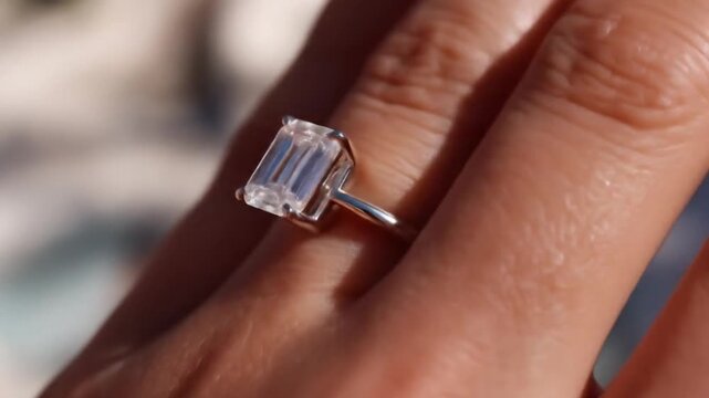 Close-up of a hand wearing a sparkling emerald-cut diamond ring