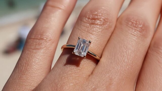 Emerald cut diamond ring on a finger, soft focus background of people and beach
