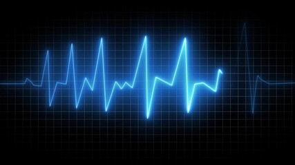 Vibrant Blue Neon Heartbeat EKG Line Graph on Dark Grid animation Background electrocardiogram pulse. EKG line graph animates over dark grid, ideal for heart rate monitoring, medical tutorials.