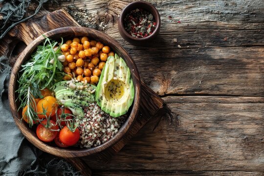 Nutritious Buddha Bowl: Chickpeas, Avocado, Quinoa, Tomatoes, Arugula on Rustic Wood