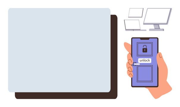 Smartphone unlocking a monitor and computer displays. Ideal for security, technology, access, connection, mobility, authentication, and innovation themes. Simple flat metaphor