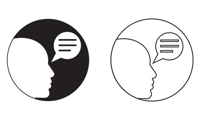Communication icon showing speaking profiles. 
Speak symbol, voice icon. Minimalistic black and white icon of two human profiles facing sideways, each emitting sound waves to symbolize speech.