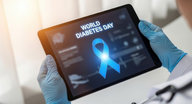 Doctor viewing world diabetes day information on tablet