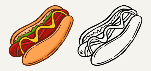 colorful hotdog drawing with outline variation in doodle style. Great for food icons, menu design, cafe branding, and creative print project