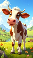 A vibrant cartoon cow, with white and brown patches, standing in a lush green pasture under a bright blue sky with small flowers