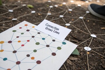 A diagram of branching connections growing across paper and ground