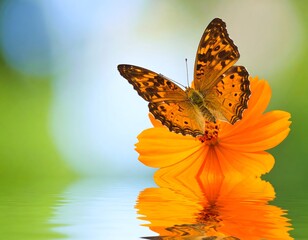 A vibrant butterfly with patterned wings rests on an orange flower, reflecting in the water, against a blurred green backdrop