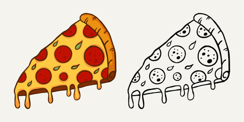 Colorful and black and white line art illustration of a pizza slice with melted cheese and pepperoni. Hand drawn vector design perfect for menu, poster, coloring page