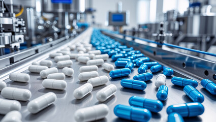 pharmaceutical production line with blue and white capsules
