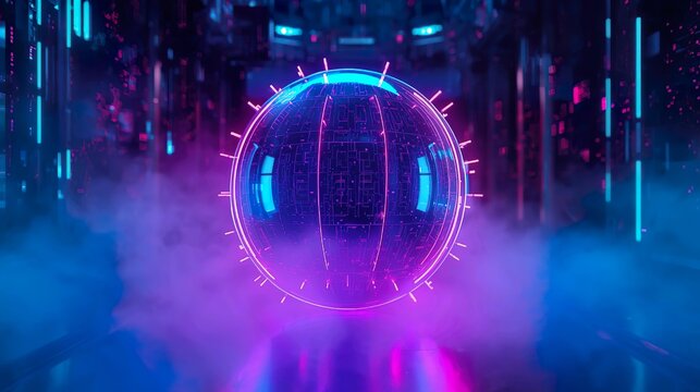 A glowing neon futuristic 3D sphere floating in a dark high-tech environment