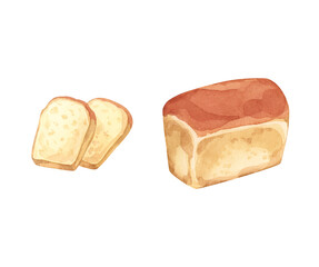 A fresh loaf of crispy bread baked from wheat flour. Hand-painted with watercolors.