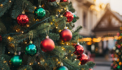Classic Red and Green Christmas Background with Festive Tree and Ornaments