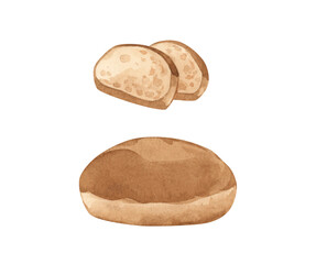 A fresh loaf of crispy bread baked from wheat flour. Hand-painted with watercolors.